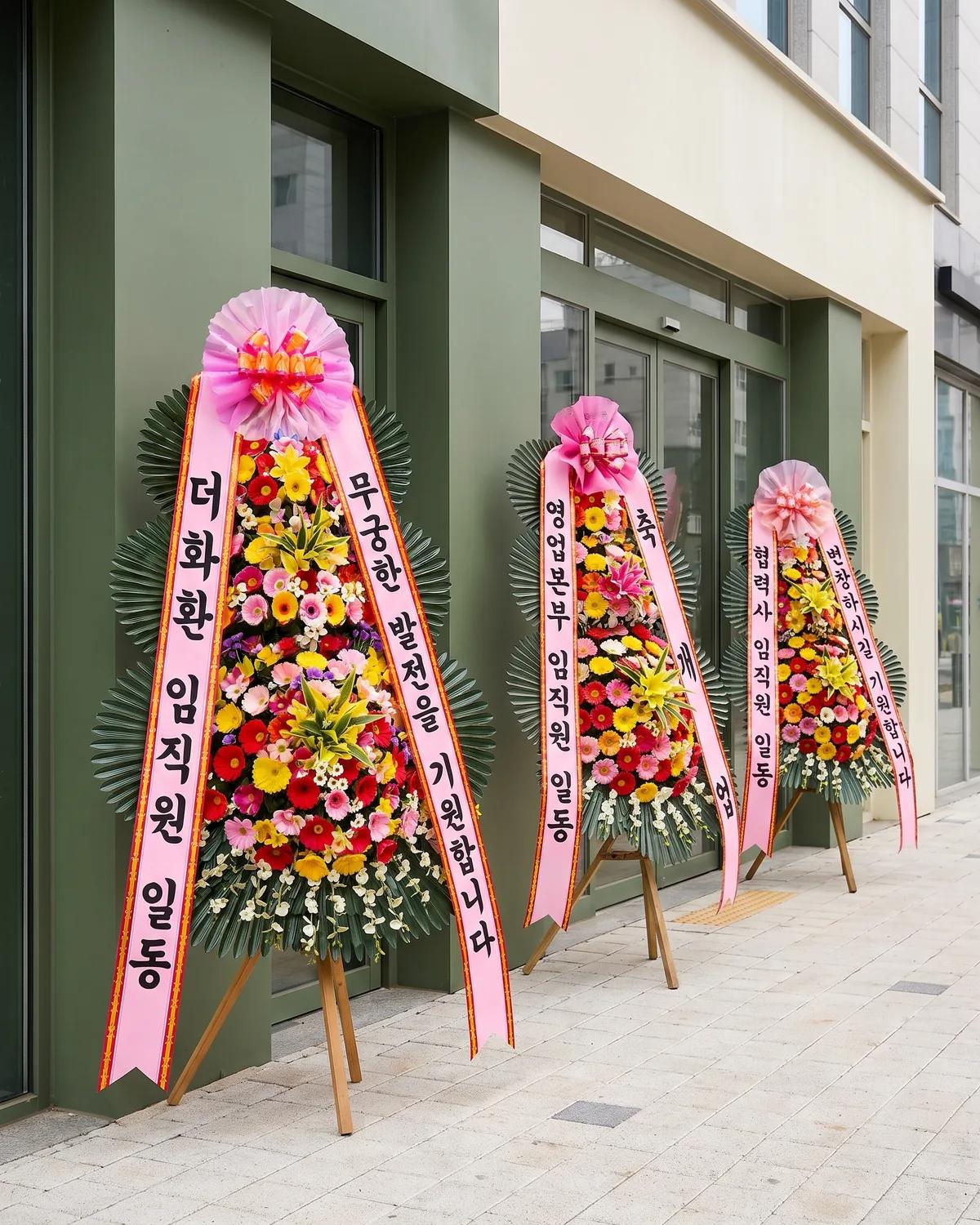 거래처 회사 정문에 나란히 놓인 축하 3단화환, 더화환 임직원 일동 리본